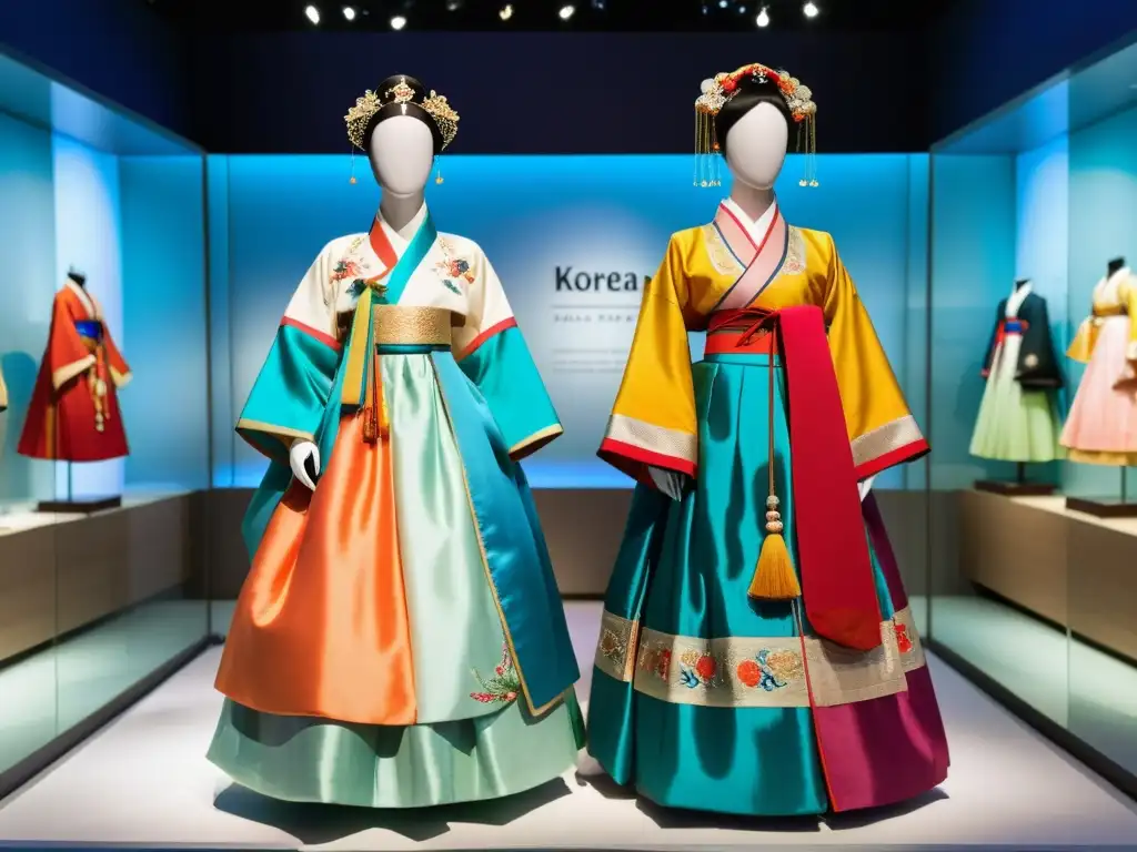 Vestimentas indicadoras de clase de Corea y China en exposición, con detalles y belleza tradicional capturando la atención de los visitantes