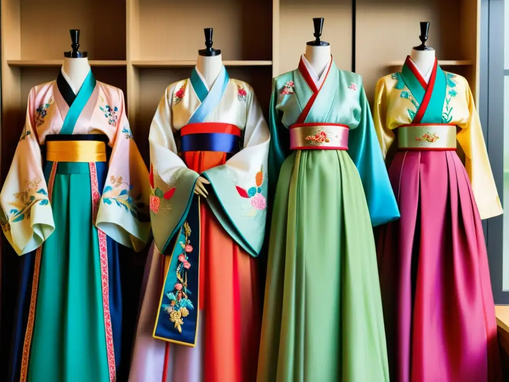 Vestimentas indicadoras de clase en Corea y China: Hanbok y Hanfu exhibidos en maniquíes, con bordados intrincados y colores vibrantes