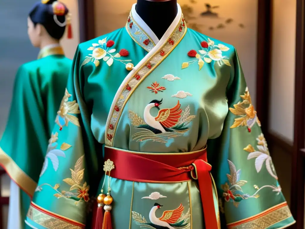 Vestimentas indicadores clase China: Hanfu tradicional bordado con colores vibrantes, escenas de folklore chino y detalles en oro y plata