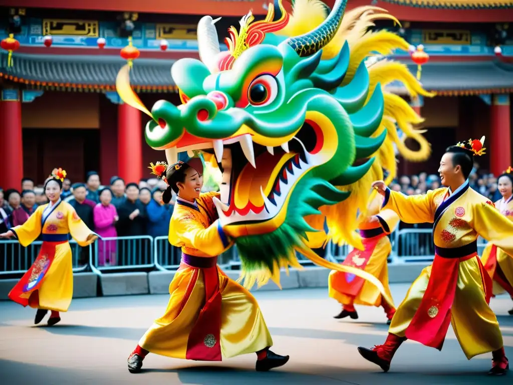 Vibrante actuación de la Danza del Dragón en un festival chino, con colores llamativos y detalles asombrosos del traje del dragón