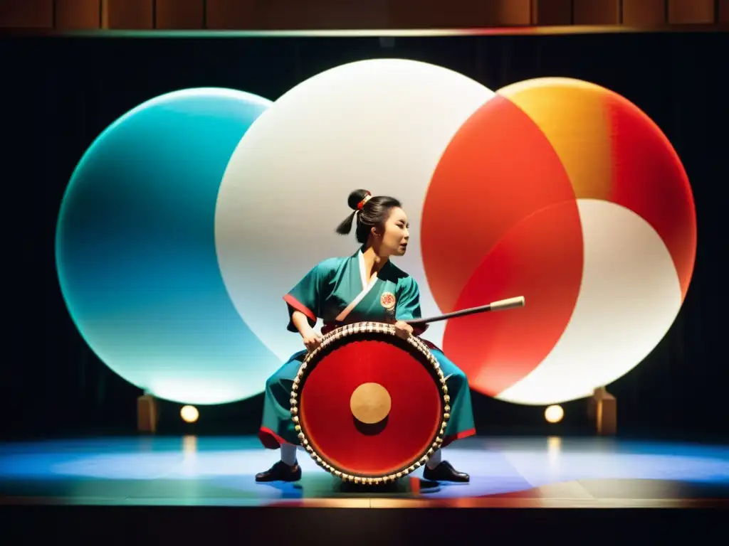 Vibrante actuación de taiko japonés en fusión música JPop tradicional, con movimientos dinámicos y energía en escenario iluminado