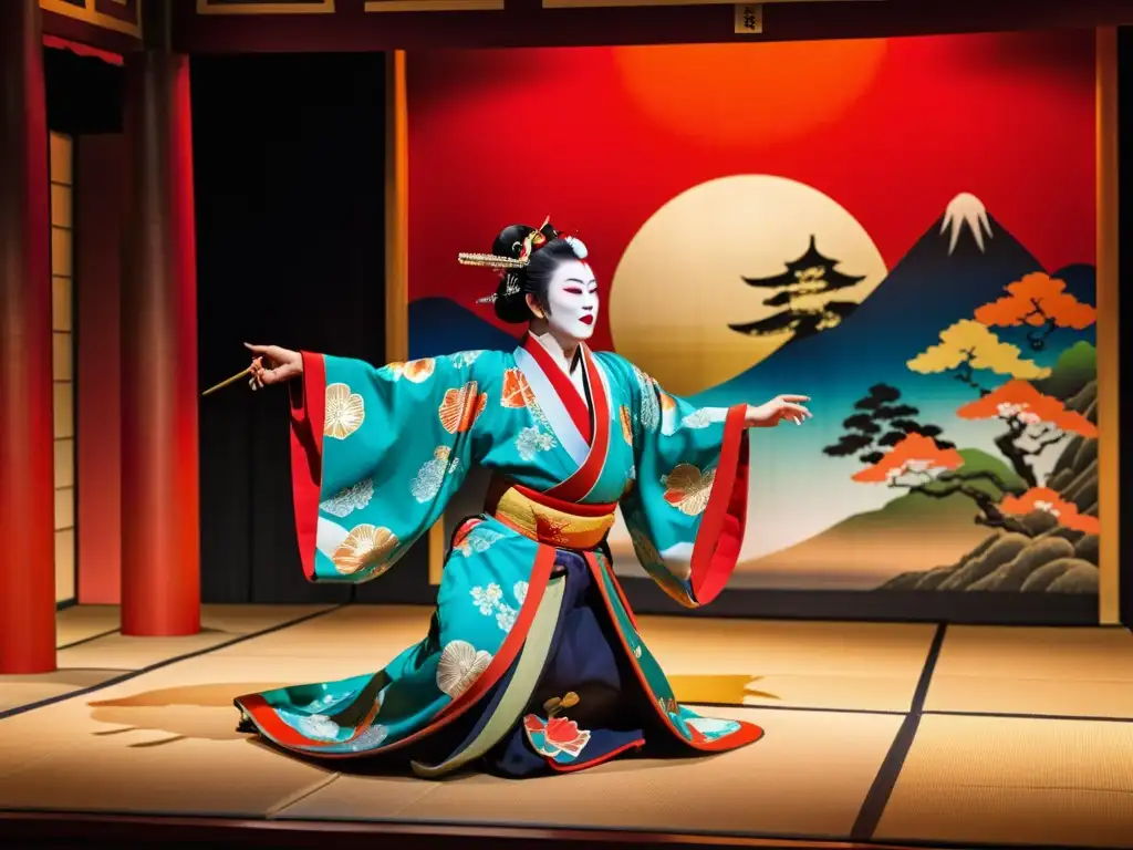 Vibrante actuación de kabuki en un teatro japonés tradicional