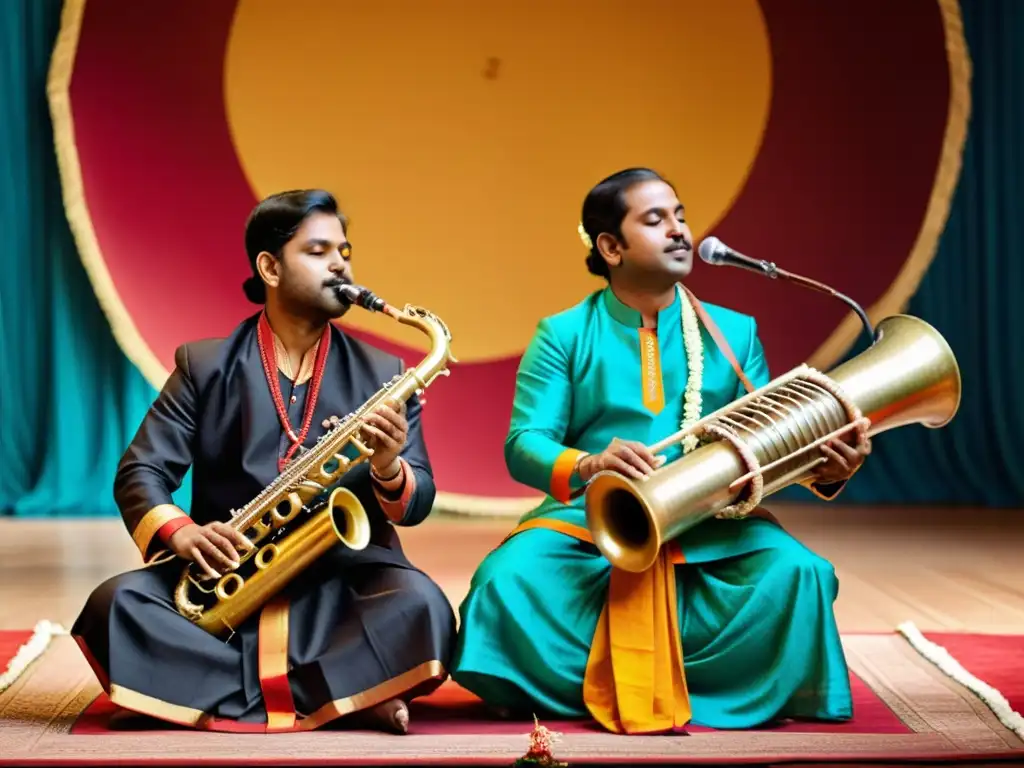 Vibrante actuación musical de nadaswaram y shehnai en India, con trajes tradicionales y escenario ornamentado