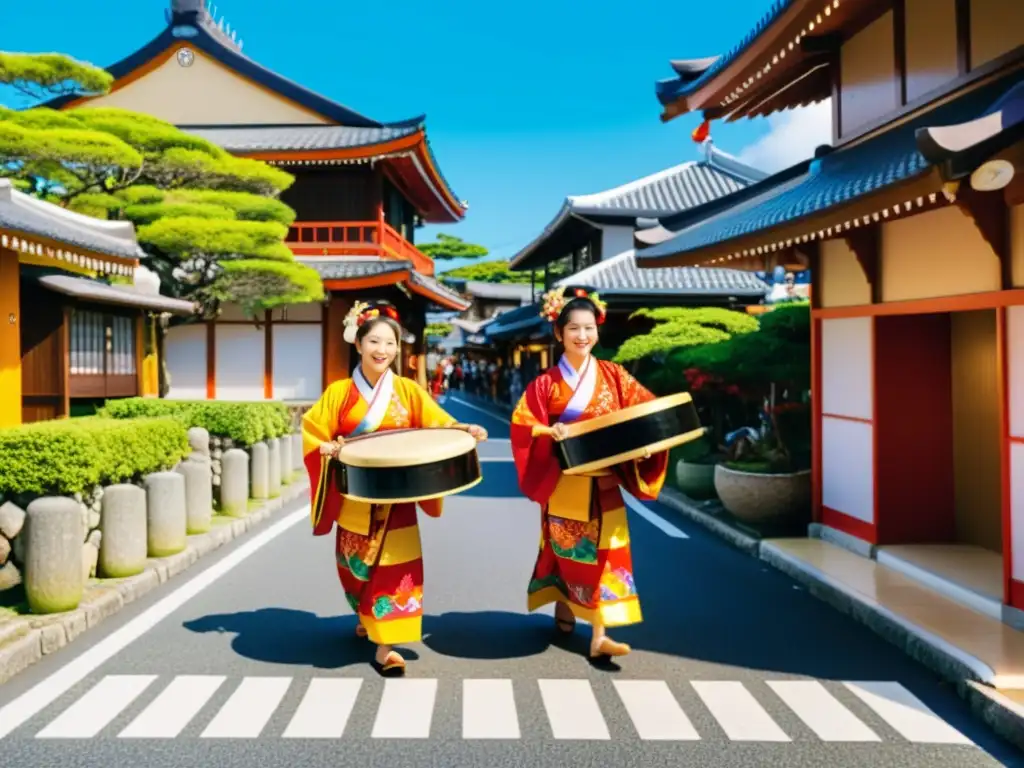 Música de Okinawa: vibrante actuación tradicional en una bulliciosa calle, con músicos vestidos con trajes coloridos y tocando instrumentos tradicionales