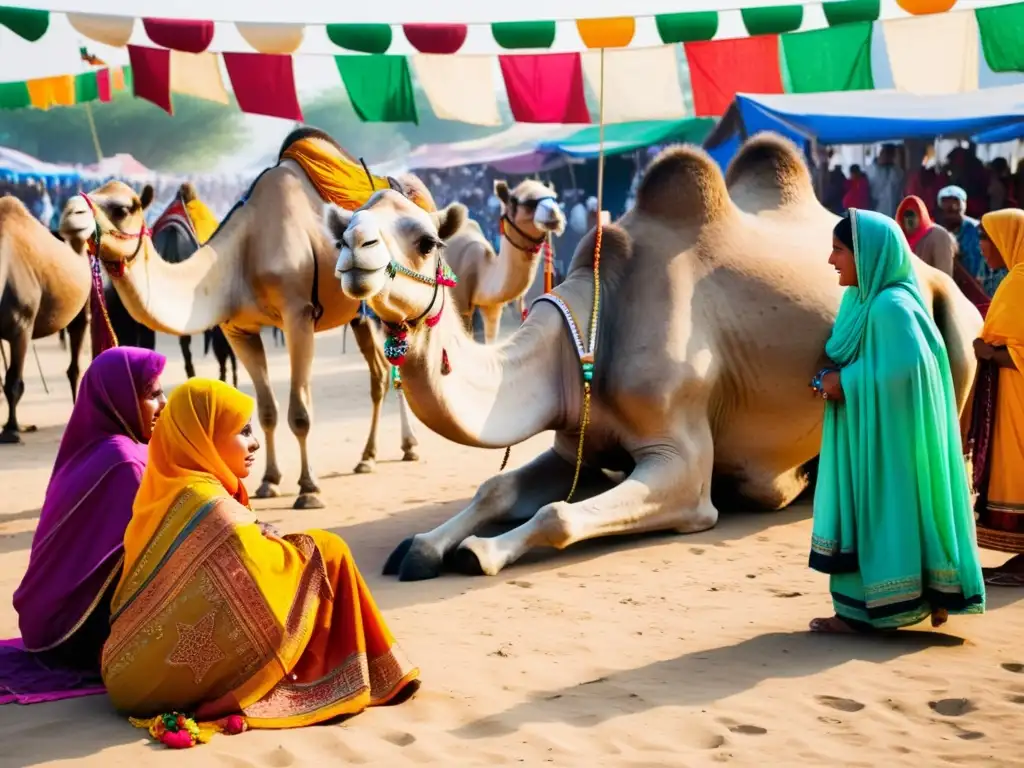 Vibrante celebración en el Pushkar Camel Fair de Rajasthan, India, con camélidos adornados y energía festiva