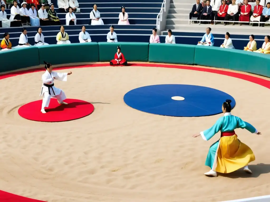 Vibrante Taekkyeon al aire libre, atletas en hanbok, movimientos dinámicos, espectadores animados