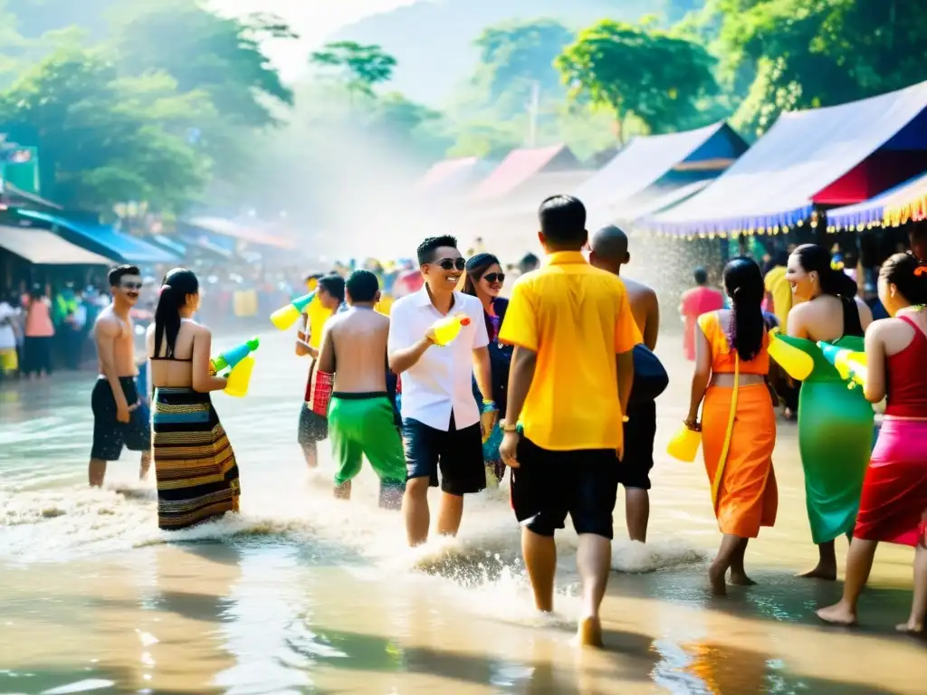 Fiesta de Songkran: Tradición y Alegría en Tailandia El vibrante y alegre festival de Songkran en Tailandia, con locales y turistas participando en la celebración