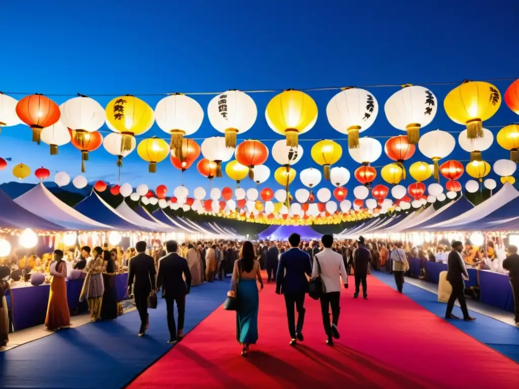 Una vibrante alfombra roja llena de diversidad en un festival de cine asiático, con linternas coloridas iluminando el cielo nocturno