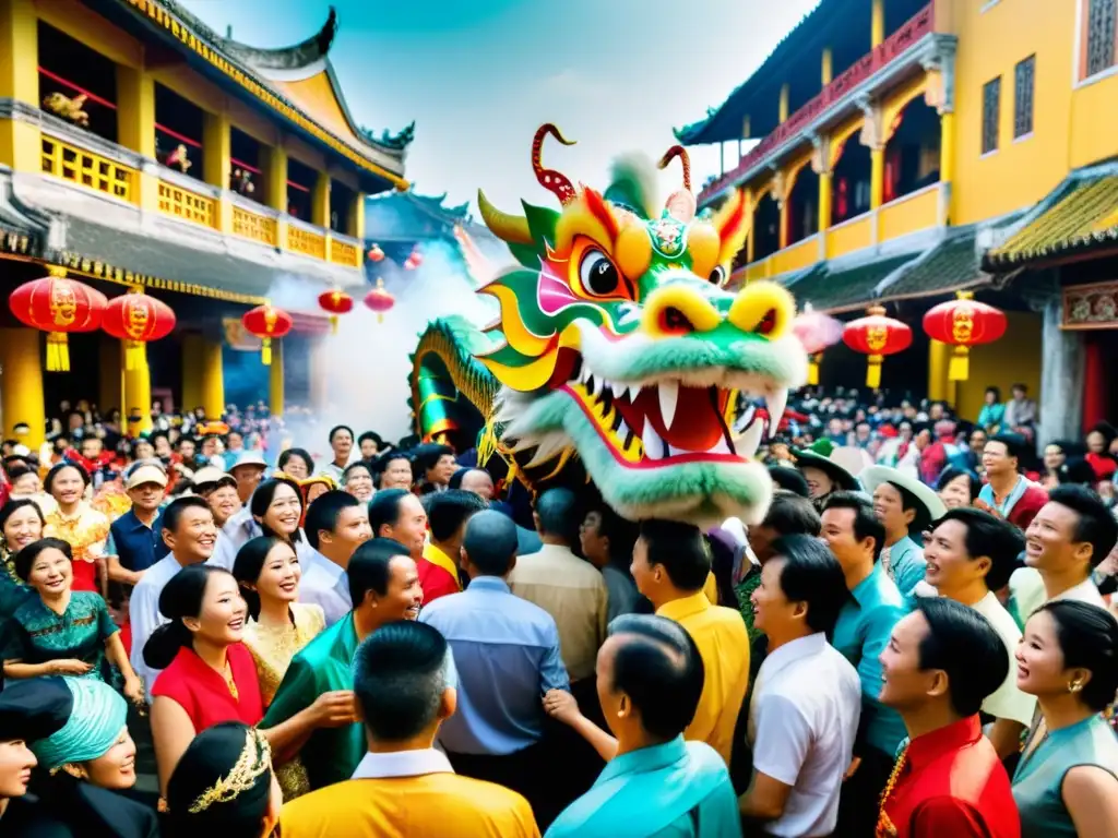 Vibrante celebración del Tet Nguyen Dan en Vietnam con significación Año Nuevo Vietnamita, dragon dance, coloridos trajes y multitud animada