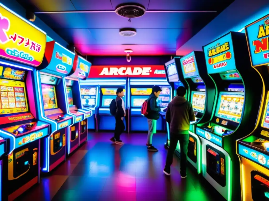 Vibrante arcade en Akihabara, Tokio, reflejando la cultura pop japonesa en la intensa atmósfera de los videojuegos