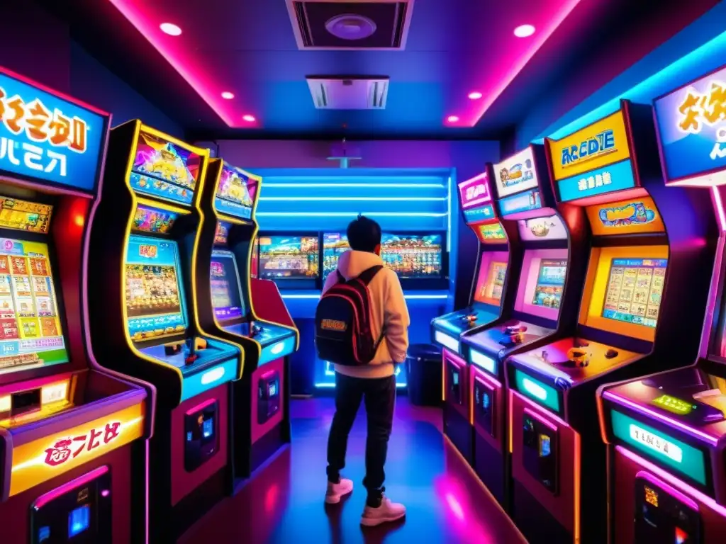 Vibrante arcade de videojuegos en Tokio, Japón, con luces de neón y jugadores inmersos en las últimas novedades