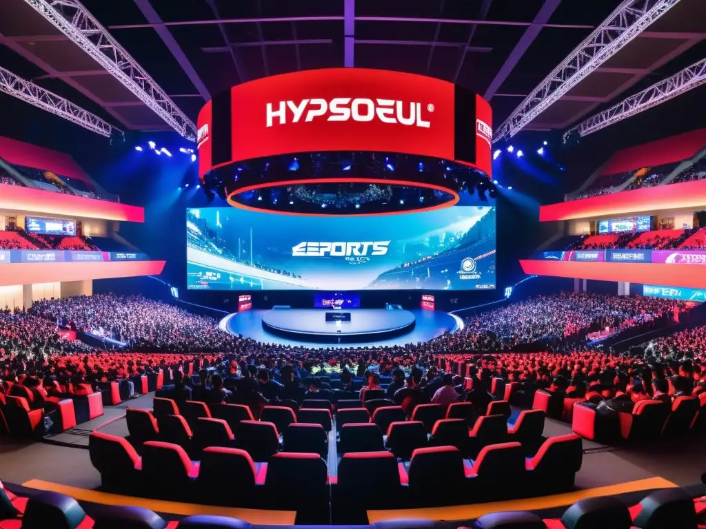 Vibrante arena de esports en Seúl, ajetreo y energía mientras jugadores compiten en el escenario, multitud animada