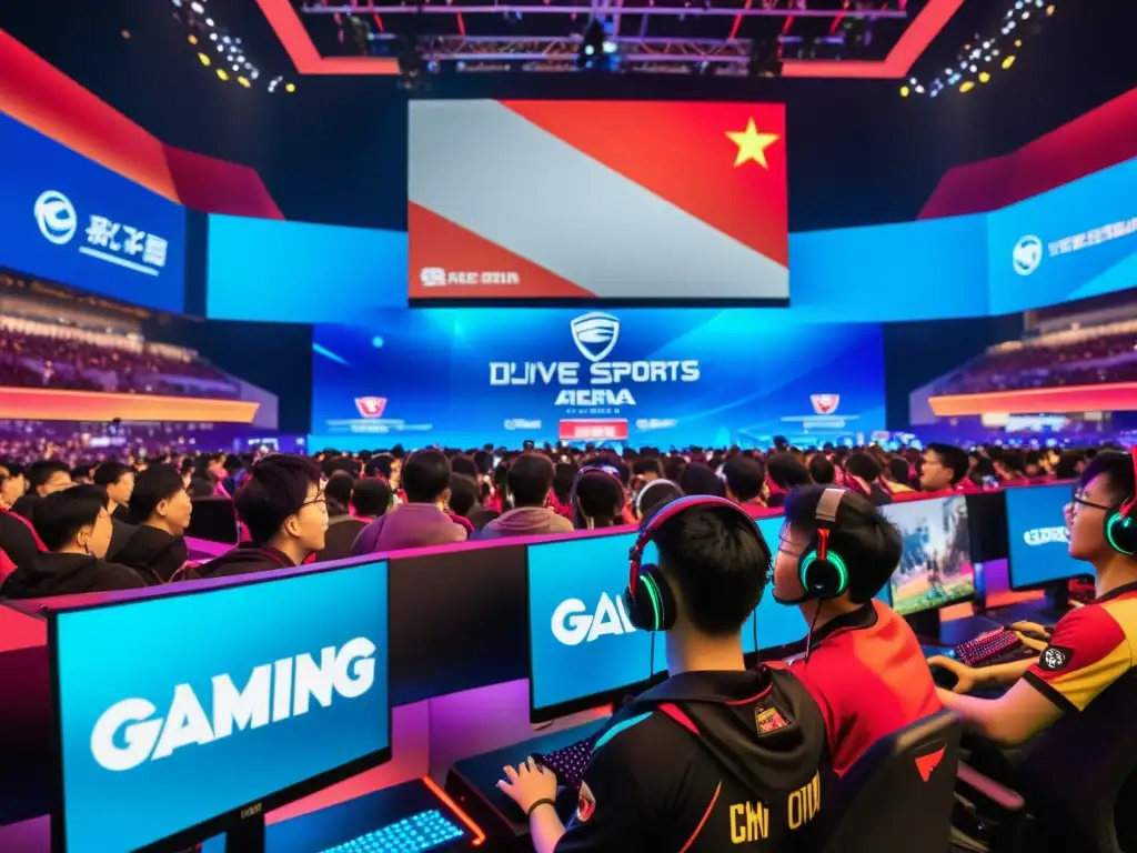 Vibrante arena de eSports en China, con fans entusiastas y jugadores profesionales concentrados