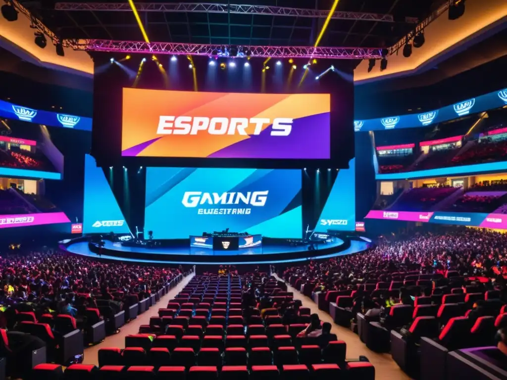 Vibrante arena de eSports en una ciudad asiática, con fans entusiastas, jugadores profesionales concentrados y acción intensa en la pantalla