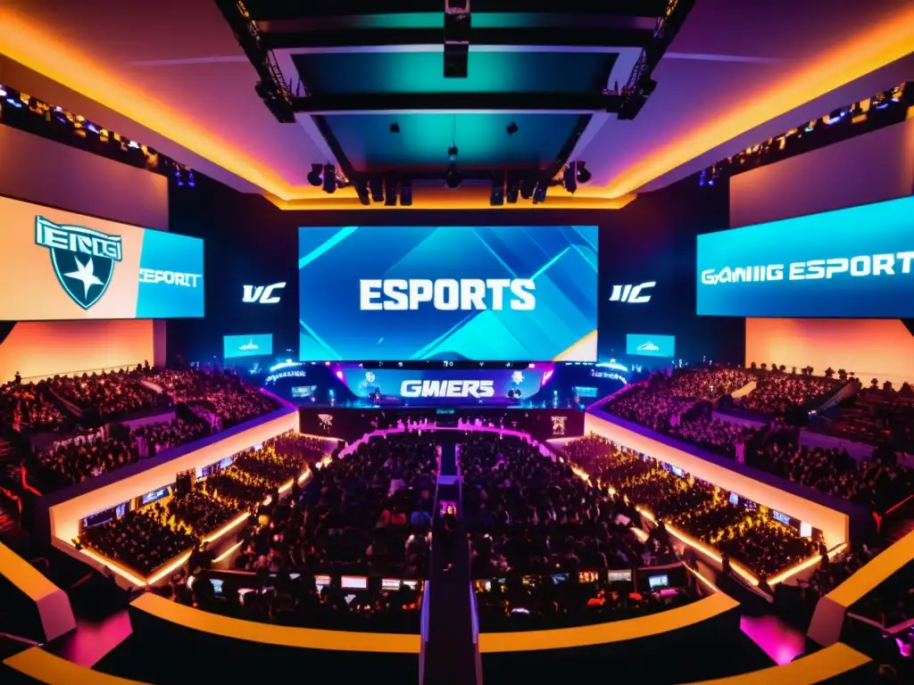 Vibrante arena de eSports en Asia, con fanáticos emocionados y jugadores profesionales en acción