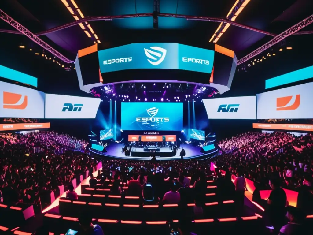 Escena vibrante de esports en Asia: fans apasionados y competencia intensa Vibrante arena de eSports en Asia con fans animados y marcas no endémicas, jugadores compitiendo y energía palpable