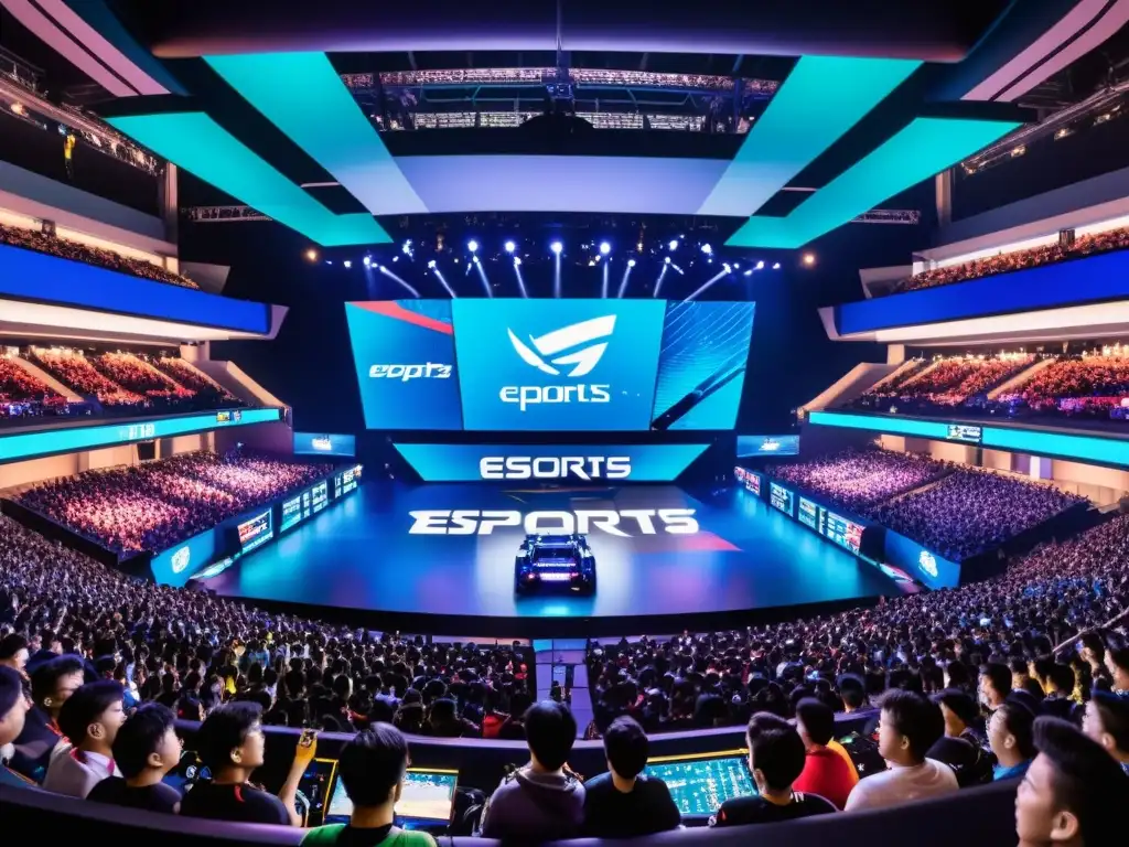 Espectacular arena de esports en Asia: pasión y emoción en vivo Vibrante arena de eSports en Asia, con fans entusiastas y emocionantes pantallas LED, capturando la emoción de Estrategias de marca en eSports Asia