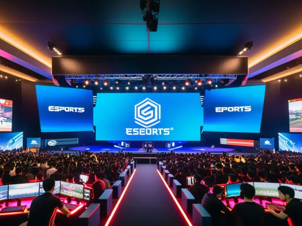 Vibrante arena de eSports en Tokio, Japón, con fans entusiastas y luces de neón, destacando la integración de los eSports en la Cultura Asiática