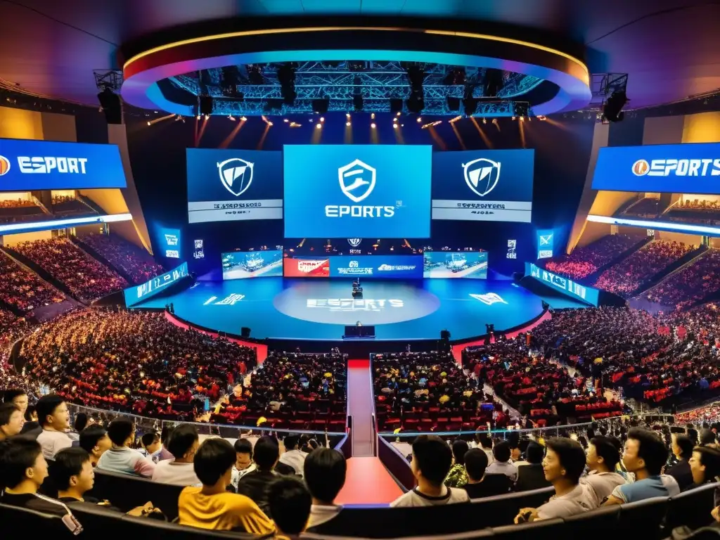 Un vibrante arena de eSports en Vietnam, con fans y jugadores emocionados compitiendo