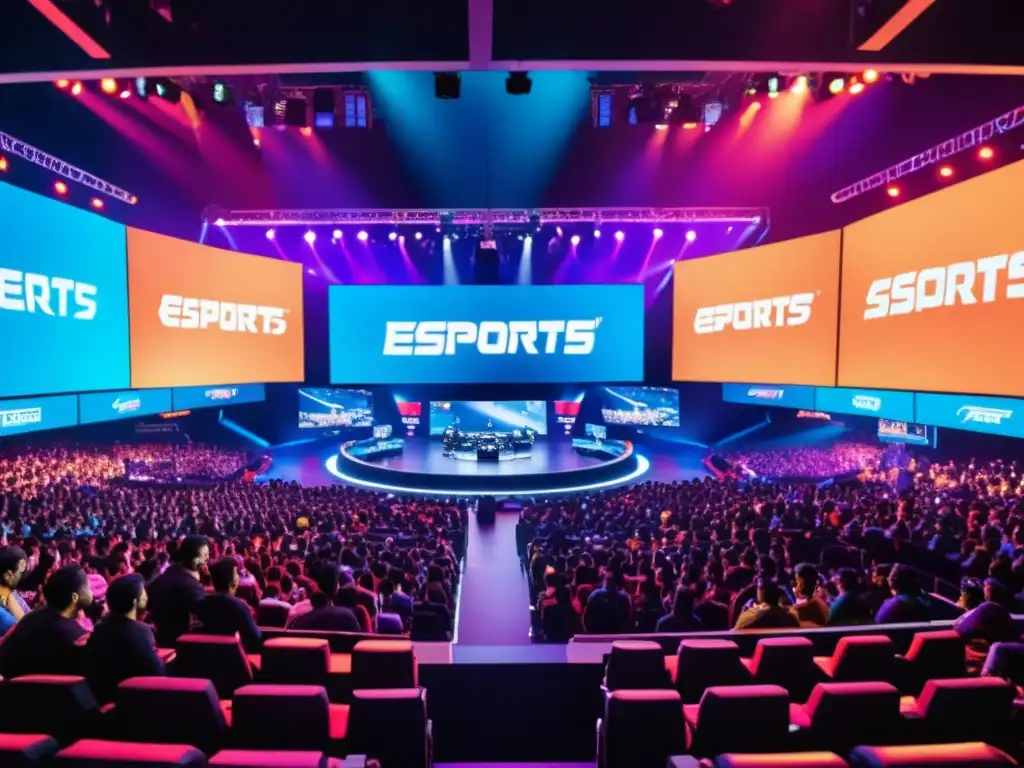 Vibrante arena de eSports en India con jugadores profesionales compitiendo y una multitud animada