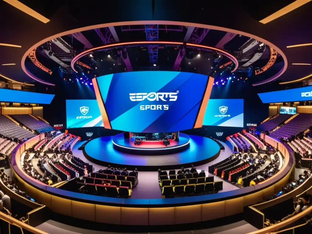 Vibrante arena de eSports en Asia, con jugadores concentrados, multitud emocionada y alta tecnología