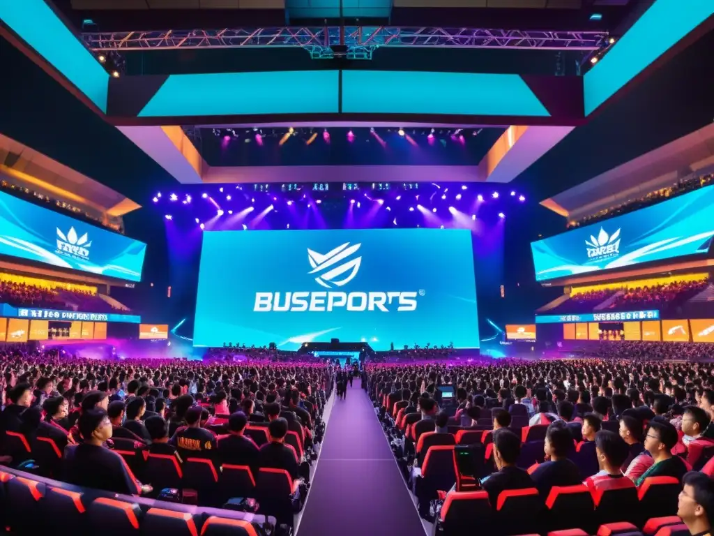 Vibrante arena de eSports en Asia, con jugadores intensos y una multitud emocionada