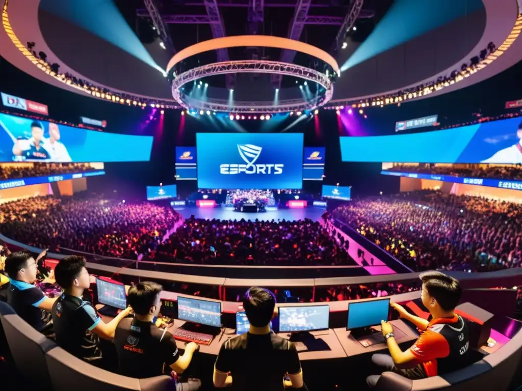 Vibrante arena de eSports en Asia, jugadores compiten bajo luces brillantes, fans entusiastas ondean banderas