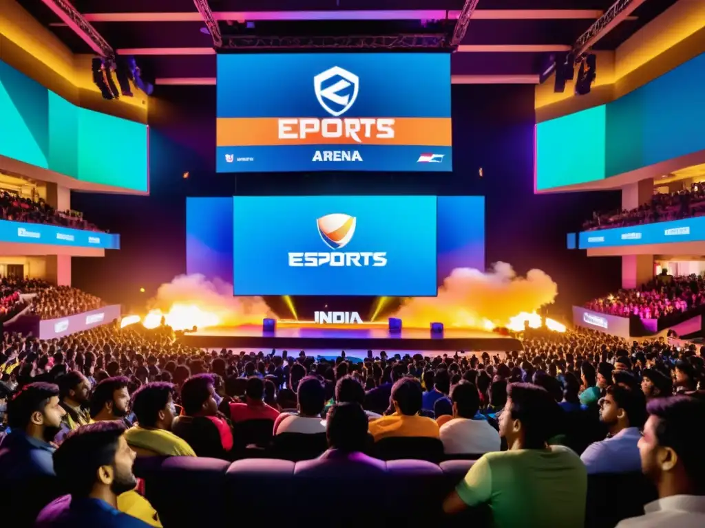 Vibrante arena de eSports llena de fans emocionados en India, con intensas competencias en pantalla grande