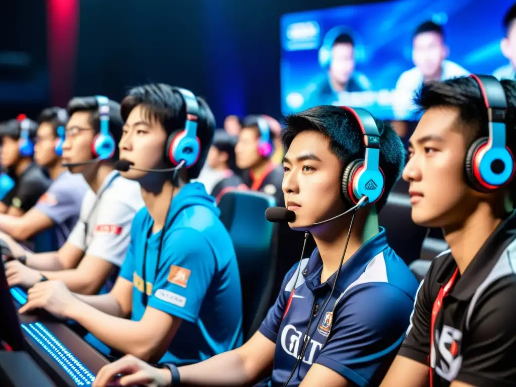 Vibrante arena de eSports en Asia, muestra la mentalidad de un gamer asiático en eSports con intensa concentración y reacciones animadas del público