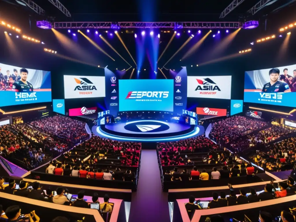 Vibrante arena de eSports en Asia con patrocinios, equipos compitiendo y una apasionada multitud, reflejando la revolución de los eSports en Asia