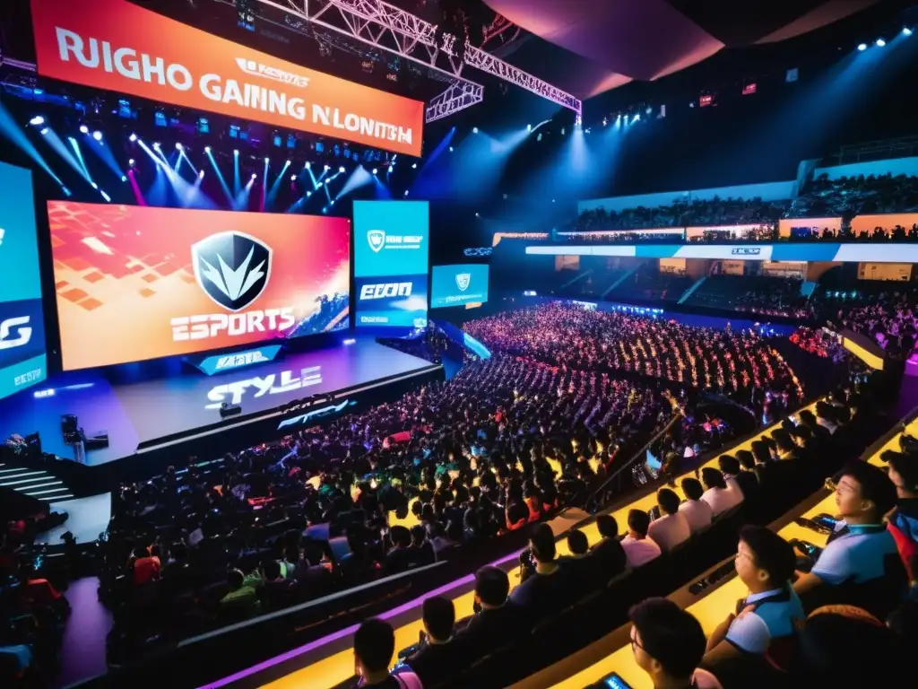 Vibrante arena de eSports en Asia con patrocinios y entusiastas fans, jugadores profesionales en emocionante competencia