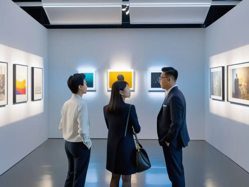 Vibrante galería de arte asiático contemporáneo con obras impactantes y profundas, iluminadas por focos, en un espacio elegante