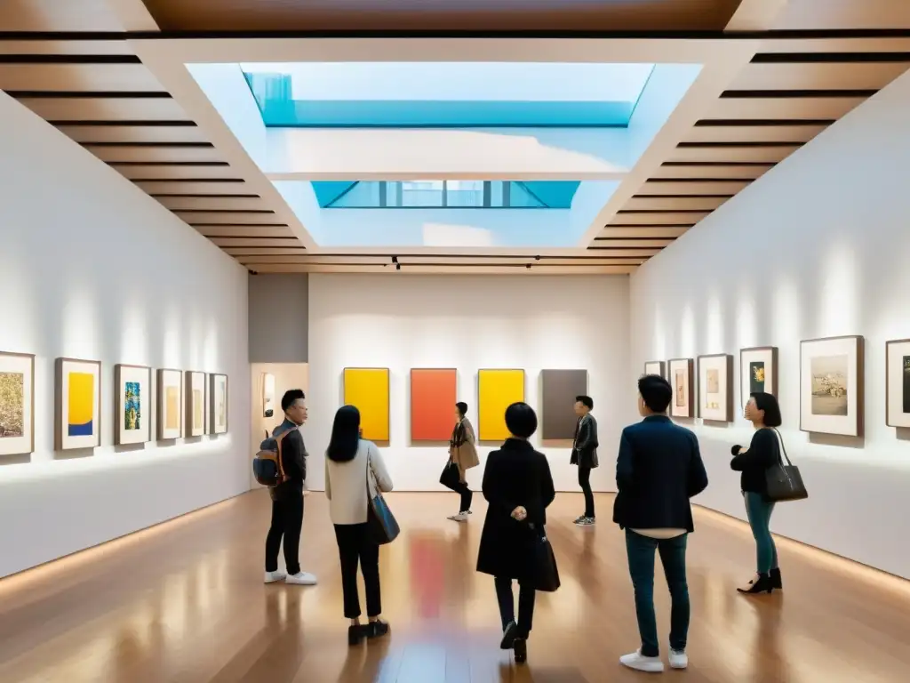 Vibrante galería de arte contemporáneo asiático en Shanghai, con diversidad de obras y visitantes de distintas culturas y edades