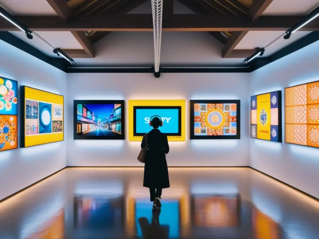 Vibrante galería de arte contemporáneo en Tokio con NFTs asiáticos, tecnología y cultura fusionados en obras digitales y tradicionales