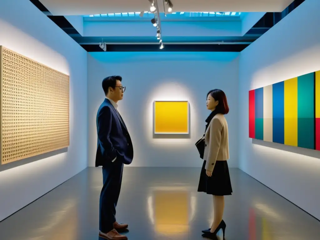 Vibrante galería de arte contemporáneo coreano con esculturas y murales llamativos, atrayendo a visitantes modernos