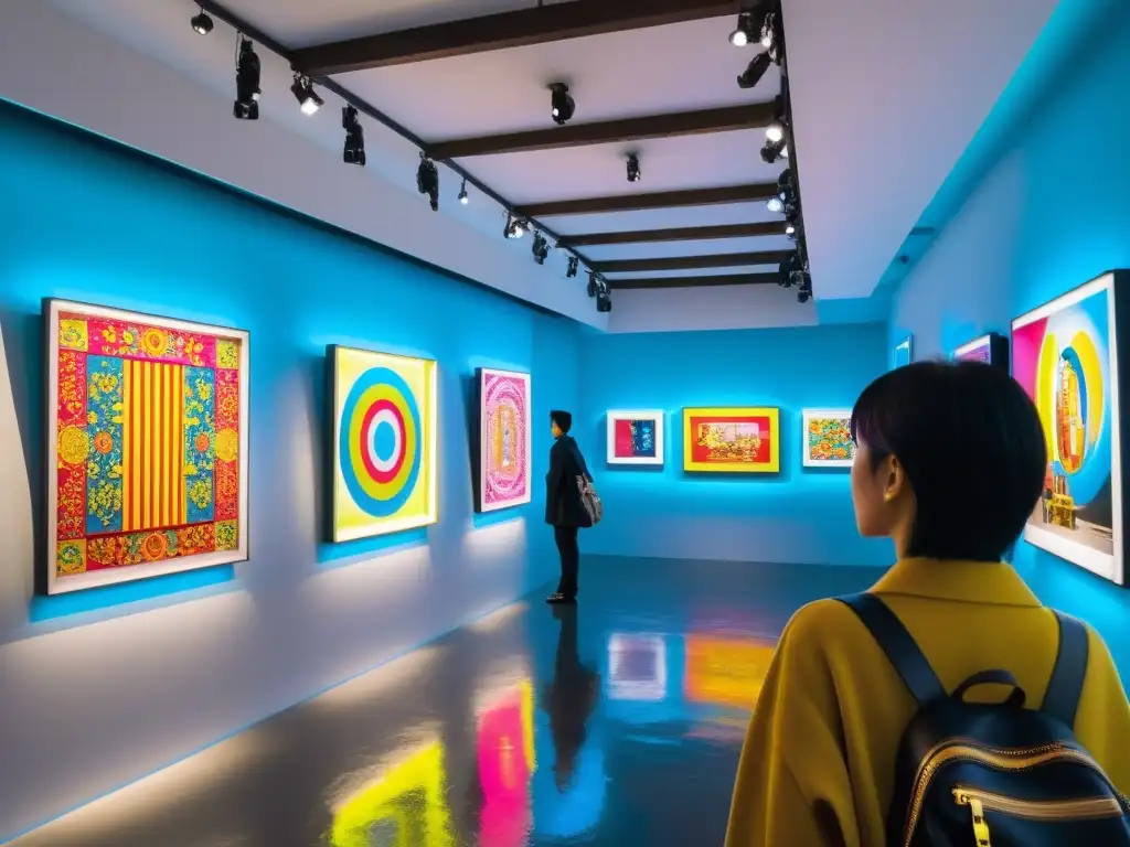 Vibrante galería de arte en Tokio con influencias pop arte asiático moderno, esculturas y pinturas coloridas, luces neon dinámicas