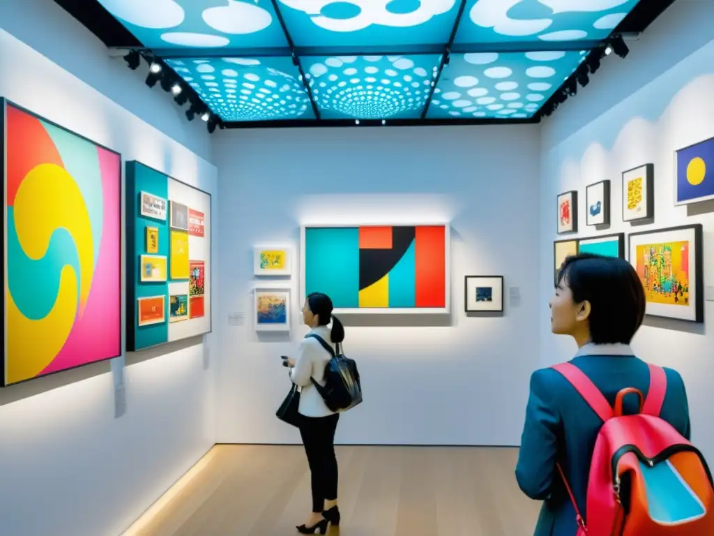 Vibrante galería de arte en Tokio con influencias pop arte asiático moderno, obras coloridas y atmósfera enérgica