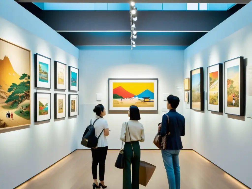 Vibrante galería de arte en Seúl con obras contemporáneas coreanas, visitantes admirando las piezas