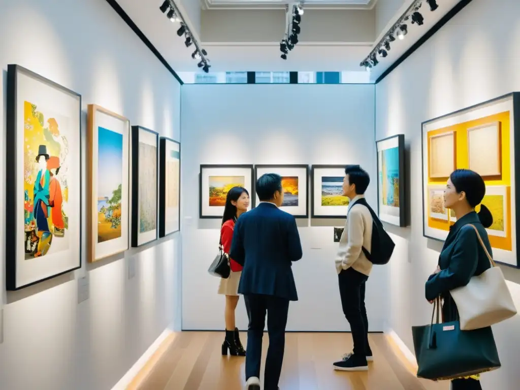 Vibrante galería de arte en Tokio con obras contemporáneas de artistas orientales, fusionando tradición y modernidad