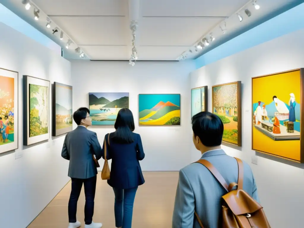 Vibrante galería de arte en Seúl, Corea del Sur, con obras de arte coreano contemporáneo en exhibición y visitantes absortos en contemplación