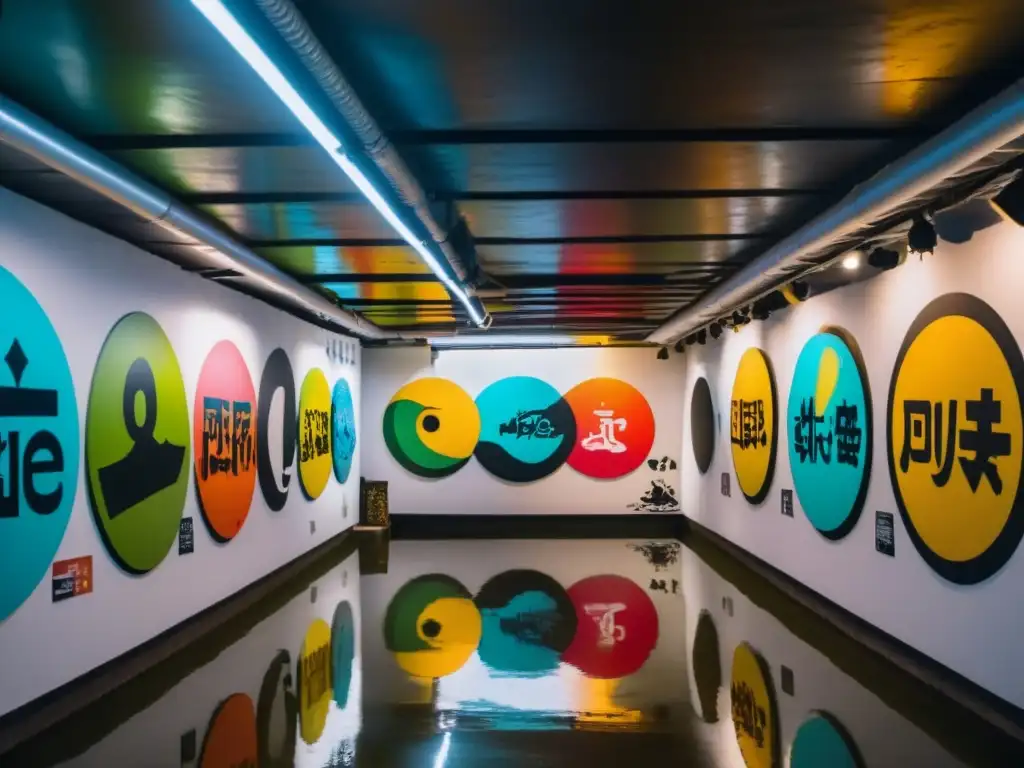 Vibrante galería de arte underground asiático descubriendo murales y esculturas en una atmósfera auténtica y apasionada