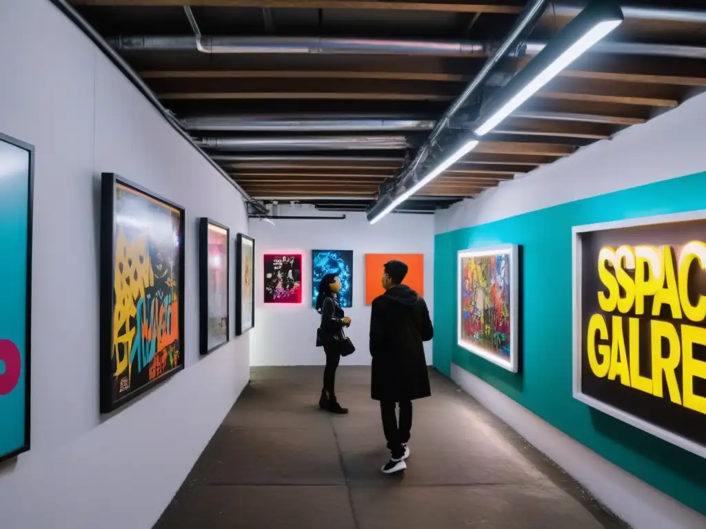 Vibrante galería de arte underground asiático descubriendo galerías con graffiti, esculturas y pinturas contemporáneas en un ambiente eléctrico