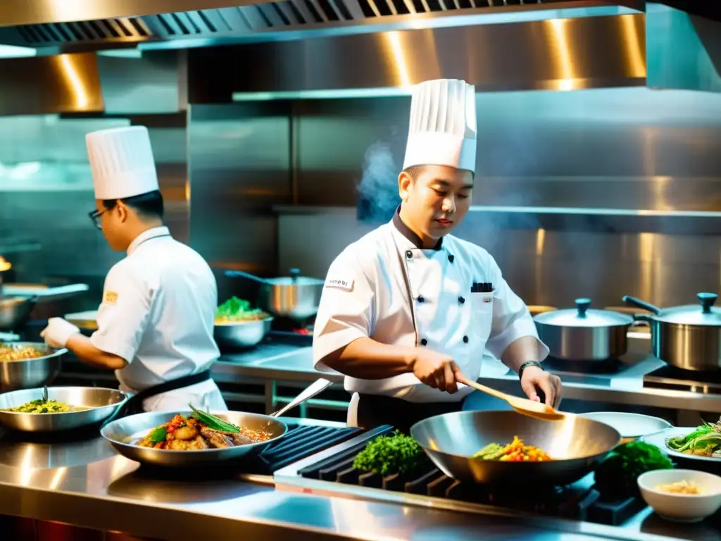 Vibrante cocina fusión asiática en restaurantes, con chefs expertos preparando platos entre sartenes humeantes y una variedad de ingredientes frescos