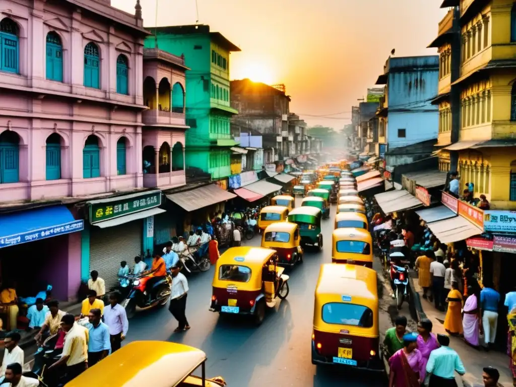 Un vibrante atardecer en una bulliciosa calle de Kolkata, India