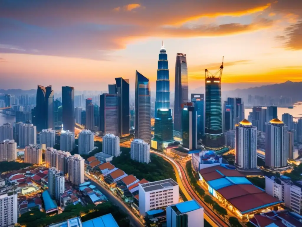 Un vibrante atardecer ilumina el bullicioso skyline de una ciudad asiática, reflejando el boom inmobiliario en ciudades asiáticas