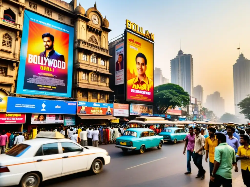 Un vibrante atardecer en una concurrida calle de Mumbai, India, llena de coloridos carteles de películas de Bollywood