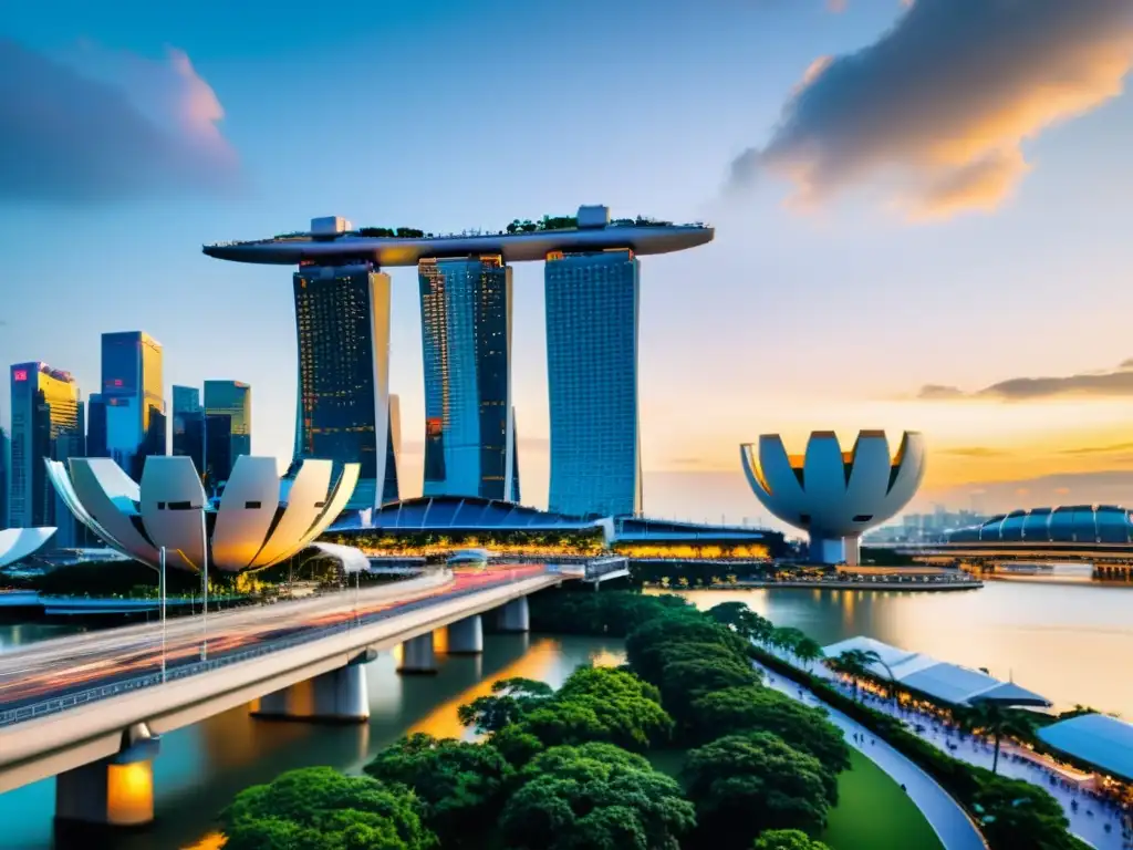 Vibrante atardecer en Singapur, con el icónico edificio Marina Bay Sands y la noria Singapore Flyer destacando en el bullicioso paisaje urbano