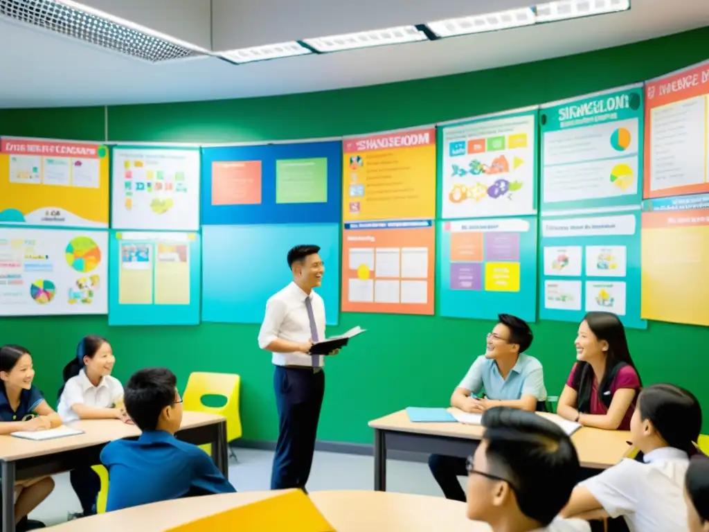 Una vibrante aula en Singapur, con alumnos participando en actividades de aprendizaje