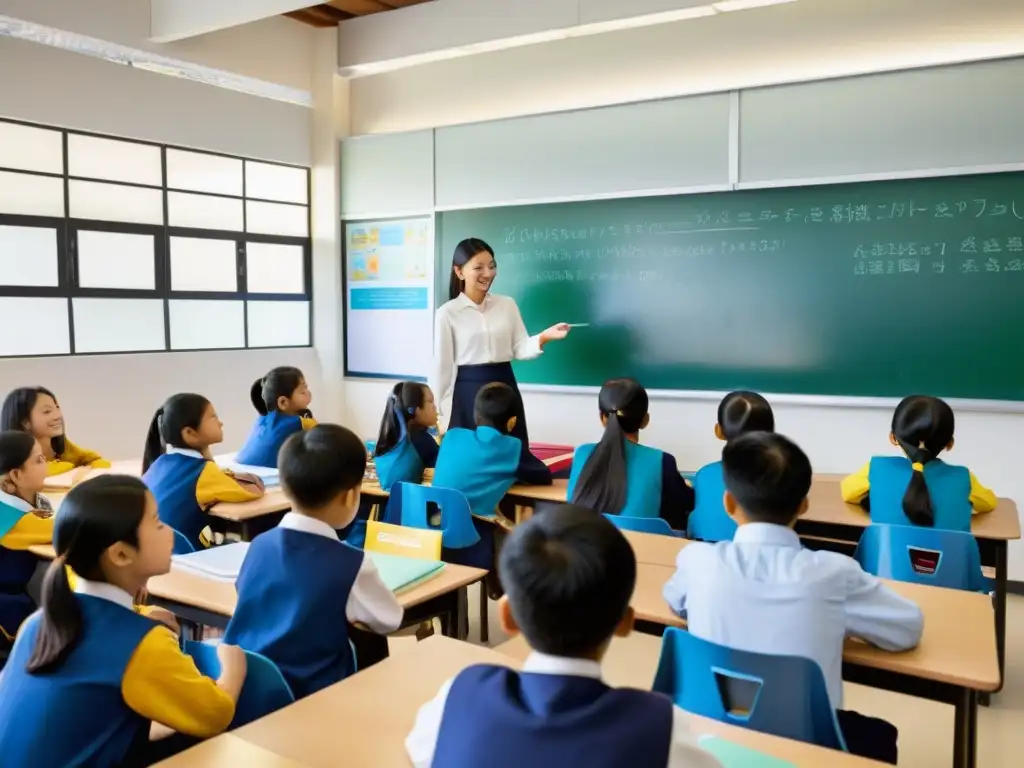 Vibrante aula asiática con estudiantes colaborando en proyectos, participando en discusiones y disfrutando de experiencias de aprendizaje prácticas