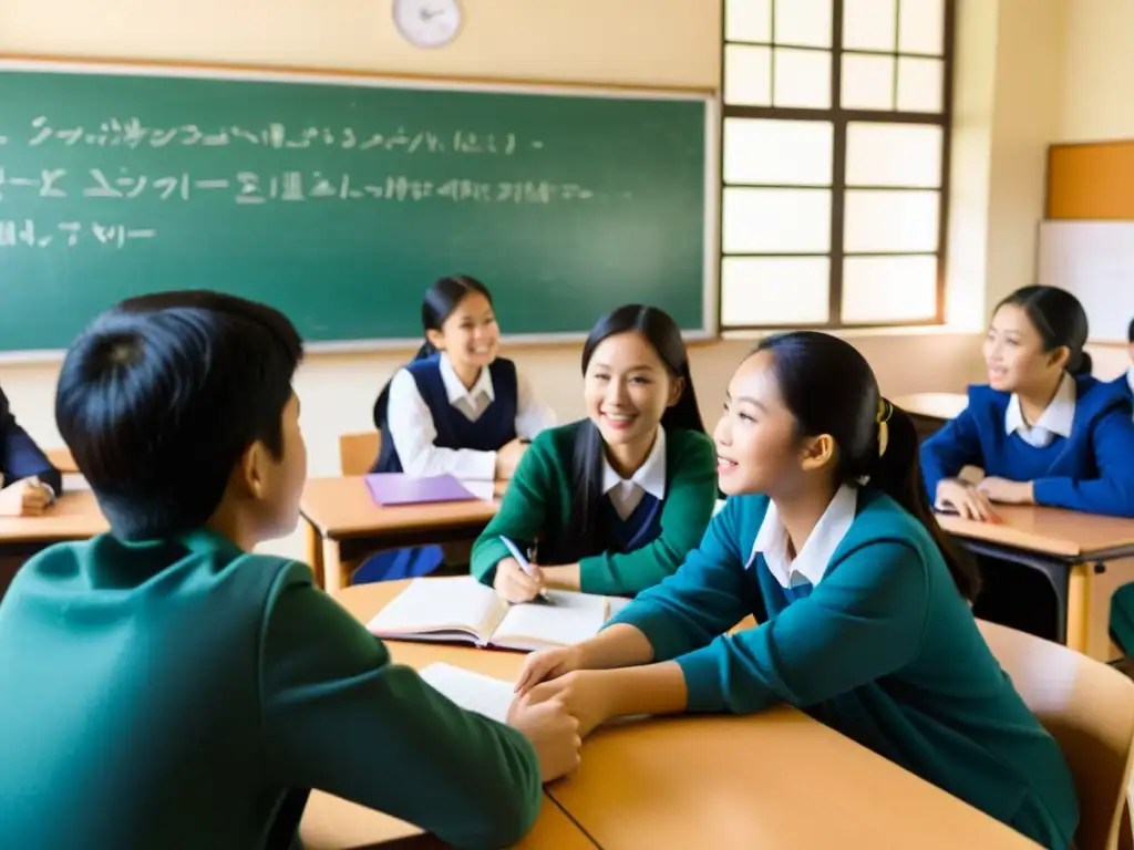 Vibrante aula asiática fomentando el pensamiento crítico en los estudiantes con discusión animada y materiales educativos coloridos